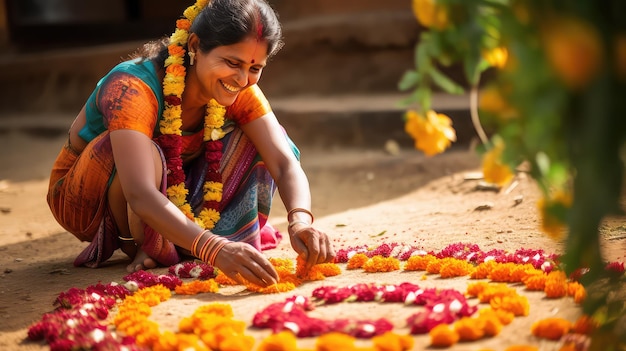 Bella mujer india vestida tradicionalmente haciendo rangoli de flores cerca de la casa en la India