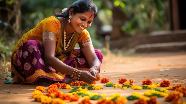 Bella mujer india vestida tradicionalmente haciendo rangoli de flores cerca de la casa en la India