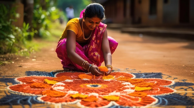 Bella mujer india vestida tradicionalmente haciendo rangoli de flores cerca de la casa en la India