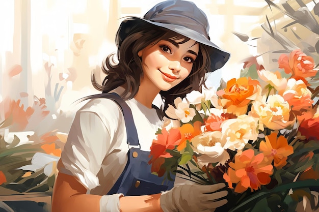 Bella mujer jardinera que cultiva flores en el jardín Pequeño negocio Ilustración de IA generativa