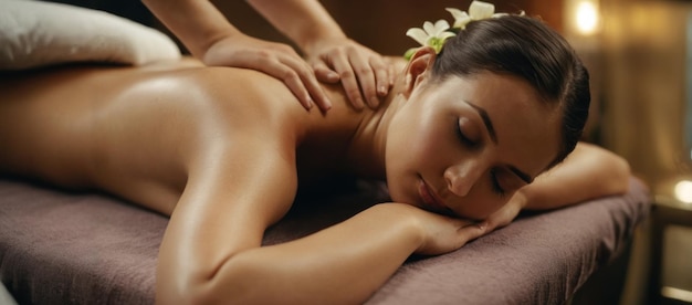 Bella mujer joven acostada en la cama de masaje en el salón de spa atmósfera relajante flores velas