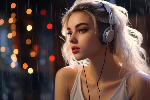 Foto bella mujer joven con auriculares escuchando música retrato de una hermosa chica rubia con auriculas