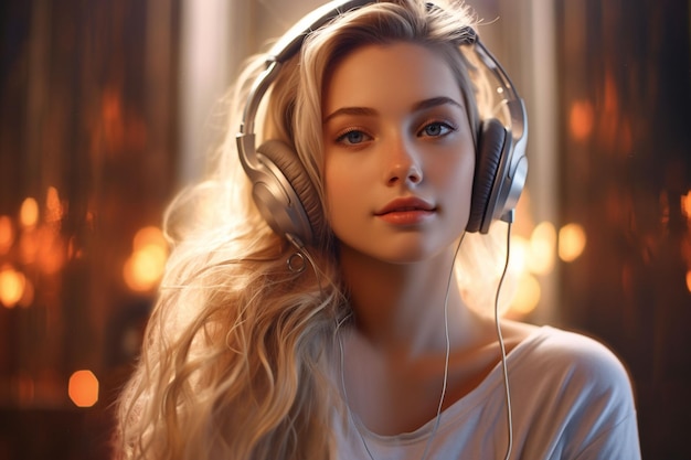 Foto bella mujer joven con auriculares escuchando música retrato de una hermosa chica rubia con auriculas