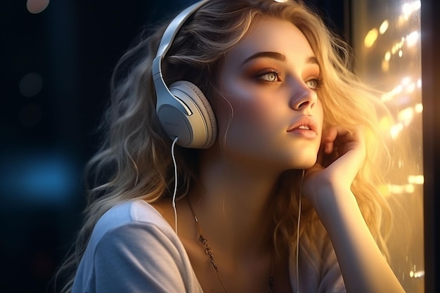 Foto bella mujer joven con auriculares escuchando música retrato de una hermosa chica rubia con auriculas