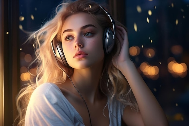 Bella mujer joven con auriculares escuchando música Retrato de una hermosa chica rubia con auriculas