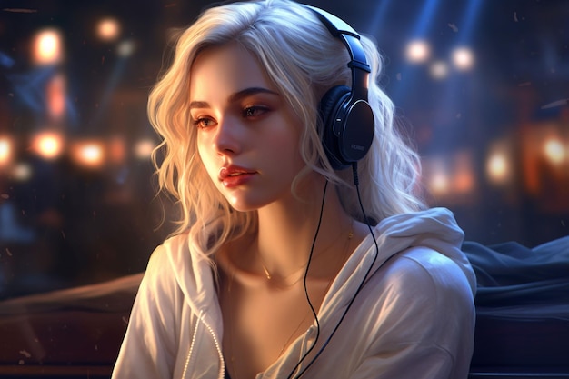 Foto bella mujer joven con auriculares escuchando música retrato de una hermosa chica rubia con auriculas