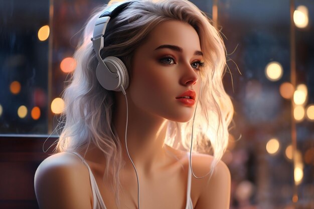 Foto bella mujer joven con auriculares escuchando música retrato de una hermosa chica rubia con auriculas