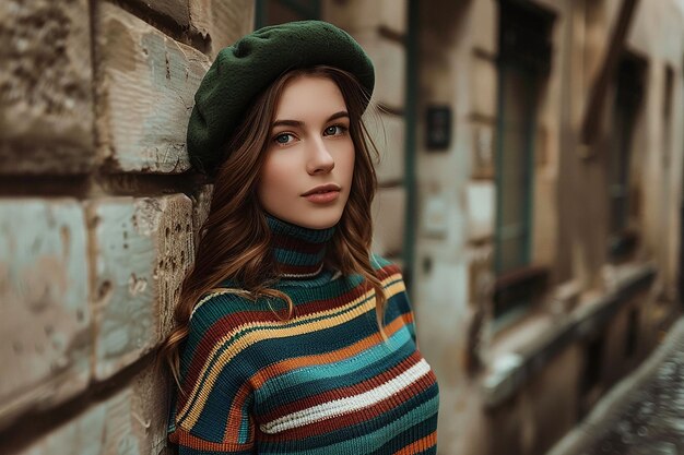 Foto bella mujer joven con una boina verde y un suéter a rayas en la calle