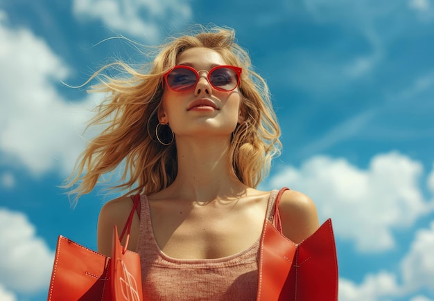 Foto bella mujer joven con bolsas de compras en el fondo del cielo azul