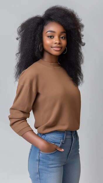 Bella mujer joven con cabello afro en retrato de estudio