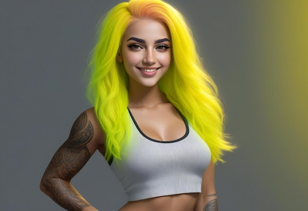 Bella mujer joven con cabello amarillo brillante sobre un fondo gris