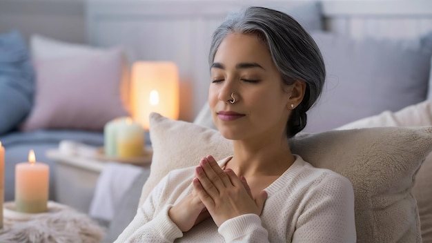 Bella mujer joven con cabello gris y anillo en la nariz meditando en el interior usando técnica de respiración