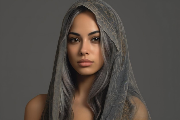 Bella mujer joven con el cabello largo en un velo sobre un fondo gris