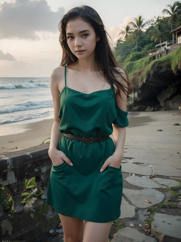 Bella mujer joven con cabello negro y vestido verde en un fondo de playa de Bali