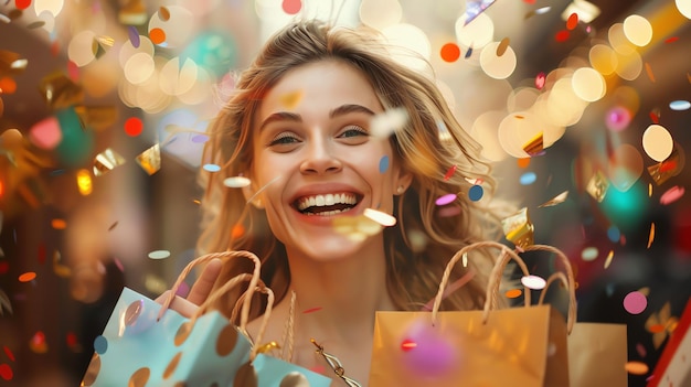 Foto bella mujer joven con cabello rubio largo sonriendo y sosteniendo bolsas de compras mientras camina por la calle confetti está cayendo en el aire a su alrededor