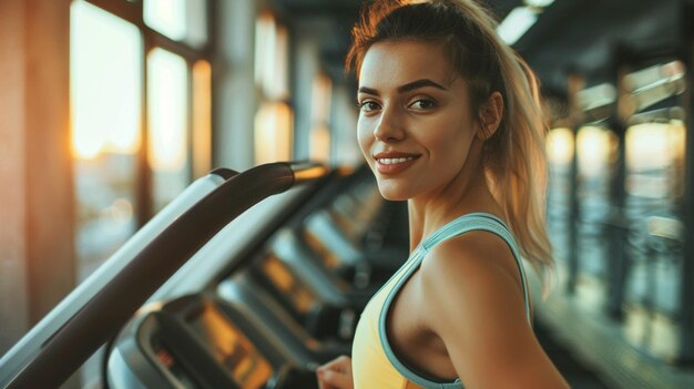 Bella mujer joven corriendo en cinta de correr en el gimnasio Fitness y estilo de vida saludable