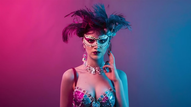 Bella mujer joven en disfraz de carnaval y mascarada en gradiente a la luz de neón