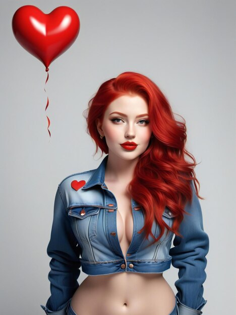 Bella mujer joven con globo rojo en forma de corazón sobre fondo gris