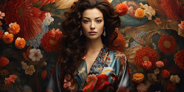 Bella mujer joven en kimono sobre un fondo floral foto de alta calidad IA generativa