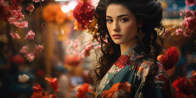 Foto bella mujer joven en kimono sobre un fondo floral foto de alta calidad ia generativa