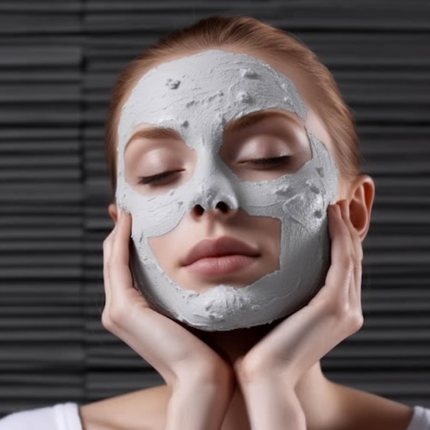 Bella mujer joven con máscara facial de arcilla en primer plano de fondo gris