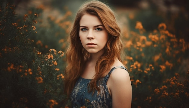 Bella mujer joven en la naturaleza sonriendo y mirando a la cámara generada por inteligencia artificial