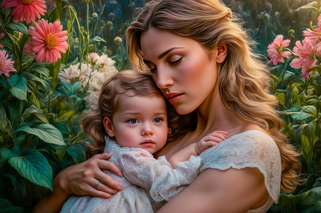 Bella mujer joven con un niño en sus brazos maternidad y amor