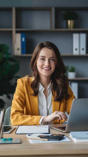 Bella mujer joven en la oficina de casa trabajando desde casa concepto de teletrabajo