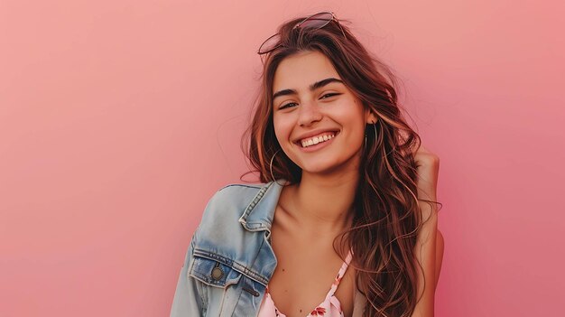 Bella mujer joven con el pelo largo y marrón sonriendo con una chaqueta de vaqueros y un vestido rosa