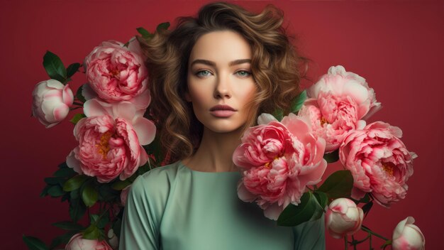 Bella mujer joven con peonías rosas sobre un fondo rojo