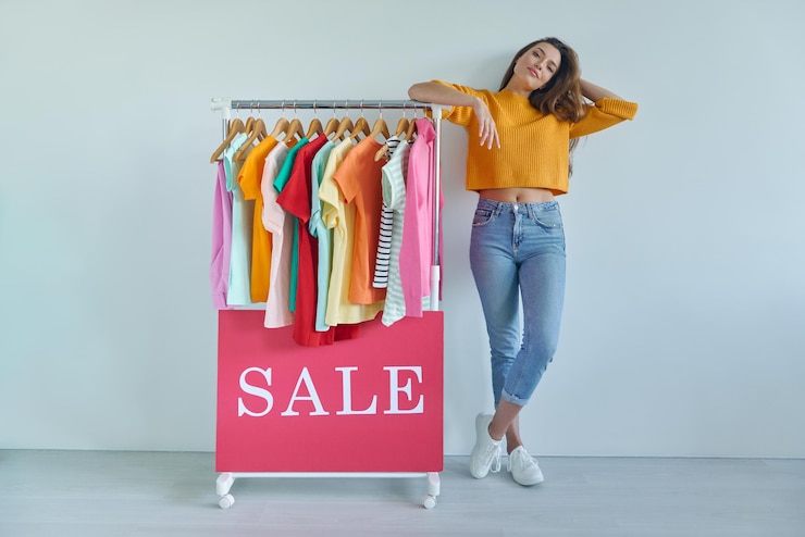 Foto bella mujer joven de pie cerca del estante con ropa de colores y sonriendo