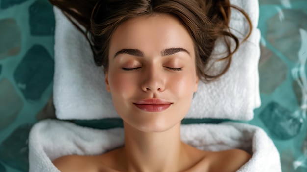 Bella mujer joven relajándose y disfrutando de masajes en el centro de spa de cosmetología tratamiento de belleza cuidado de la piel bienestar mujer con ojos cerrados sonriendo procedimiento de spa curación y tratamiento profesional