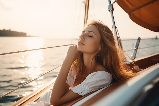 Bella mujer joven relajándose en un yate al atardecer en verano