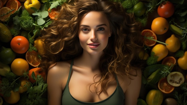 Bella mujer joven rodeada de frutas y verduras frescas concepto de estilo de vida saludable