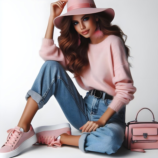 Foto bella mujer joven con ropa de vaqueros elegante y zapatos rosados y sombrero rosado sobre fondo blanco