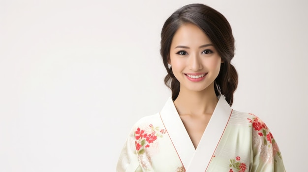 Bella mujer joven sonriendo y con un kimono tradicional japonés de verano o yukata looki