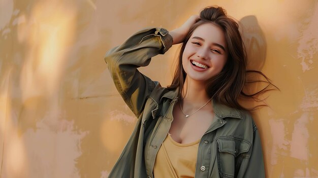 Bella mujer joven con una sonrisa dentada con una camisa verde sin botones contra un fondo beige