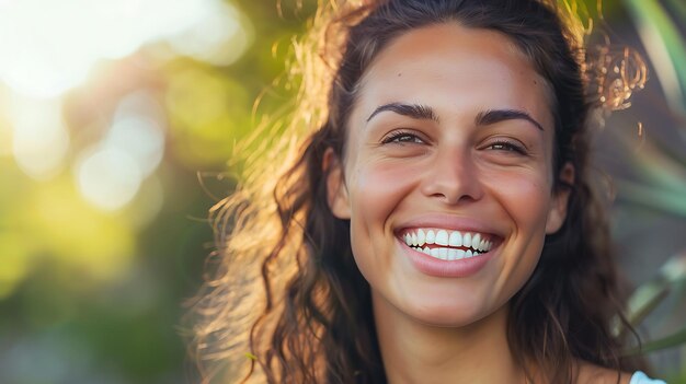 Foto bella mujer joven con sonrisa dentada y piel besada por el sol