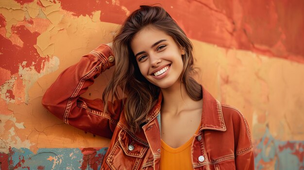 Bella mujer joven con una sonrisa dentada con ropa casual posando contra una pared colorida