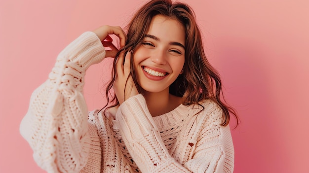 Foto bella mujer joven con una sonrisa dentada con un suéter de color crema posando sobre un fondo rosa