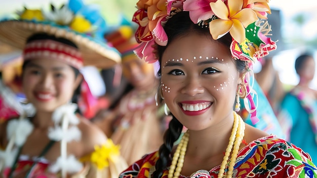 Foto bella mujer joven con un tocado de flores exóticas y cara pintada tradicional sonriendo a la cámara