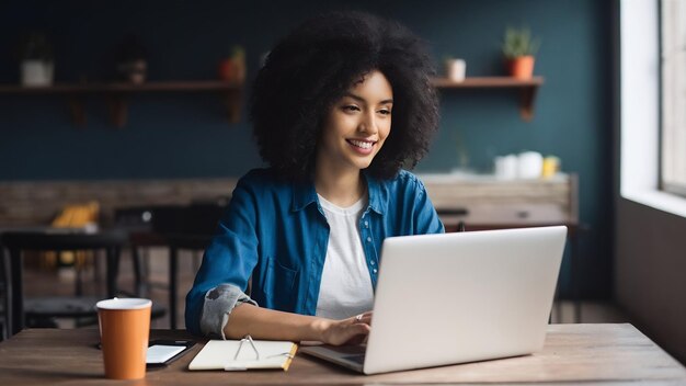 Bella mujer joven trabajando con una computadora portátil