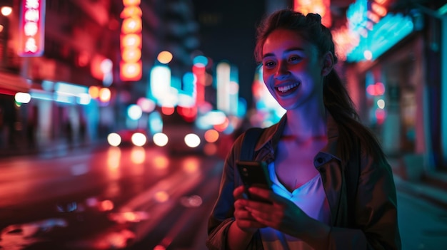 Bella mujer joven usando un teléfono inteligente caminando por una calle nocturna de la ciudad llena de luz de neón Retrato de una hermosa mujer sonriente usando un teléfono móvil