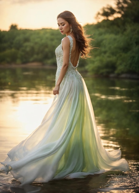 Bella mujer joven en un vestido largo en el agua ai generativo