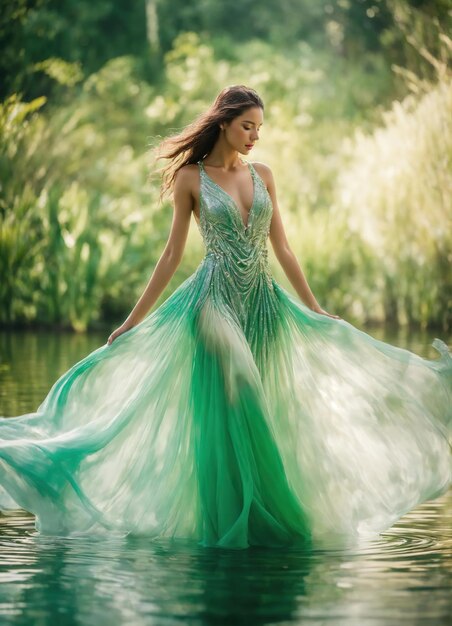 Bella mujer joven en un vestido largo en el agua ai generativo