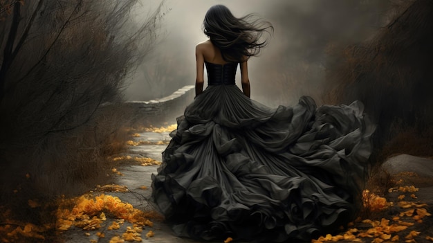 Bella mujer en largo vestido de baile en el parque de otoño larga bandera paletas de colores negro y dorado