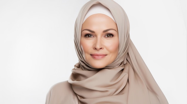 Bella mujer madura con hijab en un fondo claro