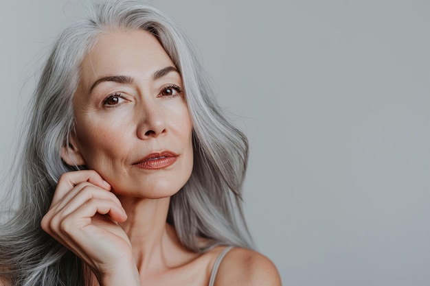 Foto bella mujer mayor con labios pompados y cabello largo plateado mirando a la cámara