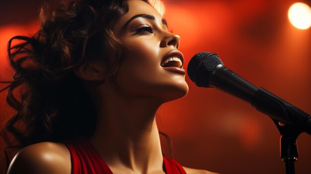 Foto bella mujer con un micrófono en la discoteca.