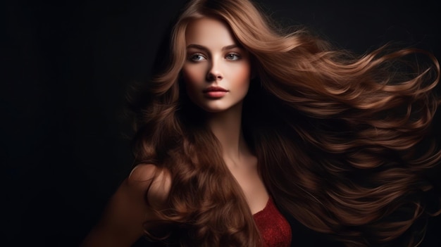 Bella mujer modelo con peinado largo cuidado y productos de belleza para el cabello